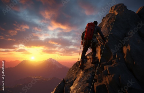 climber ascending a rock face in sunset in mountain range, russia adventure