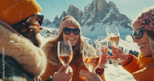 happy people drinking wine on a winter day