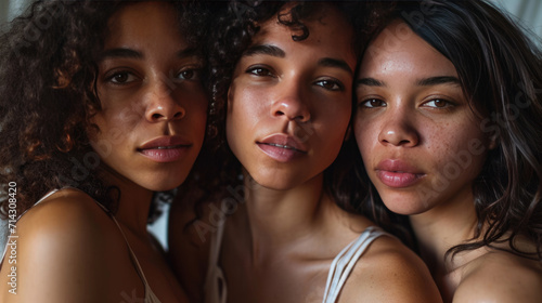 Three young women with diverse skin tones are posing closely together, smiling