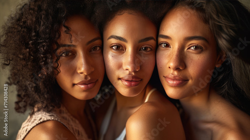 Three young women with diverse skin tones are posing closely together, smiling © MP Studio