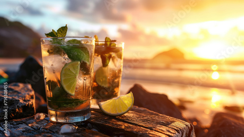 Two glasses of refreshing iced drink, garnished with mint leaves and lime slices, placed on a rustic wooden table with a soft-focus background photo