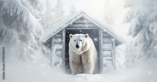a bear standing in a snow covered cabin