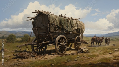 Painting of carriage horse covered wagon train illustration photo