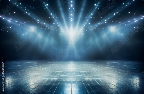 an empty stage with lights and spotlights on the floor