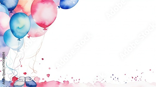 Watercolor gender reveal invitation, festive balloons with copy space, invitation card with white background. photo