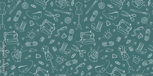 Pattern set sewing. Hobby, handmade. Sewing machine, threads, needles, mannequin, scissors. Seamless vector background, doodles.