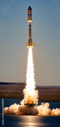 Blue Origin rockets landing back on earth.Cinematic style capture of space rocket launch, Focusing on drama and magnitude of event with detailed view of rocket and its powerful propulsion,