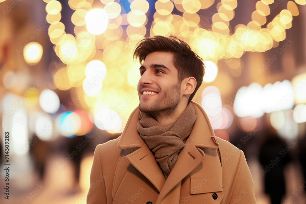 Fototapeta premium Smiling Young Man in Fashionable Camel Overcoat, City Lights and Winter Night Bliss