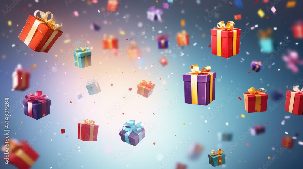 blue, purple, colorful gift and confetti flying and falling. festive, christmas texture, background. birthday card