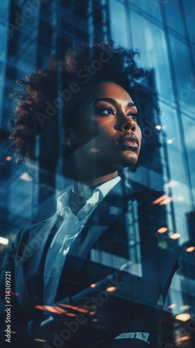 confident young woman in a black business suit on the background of office buildings. African American businesswoman