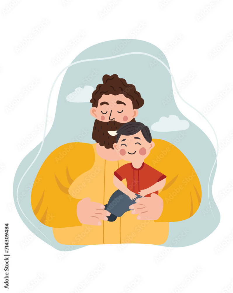 Obraz premium Happy Father's Day picture, a cheerful father hugs and cares for his children. The concept of parental love, care, raising children. Ideal for a postcard, poster. Vector. 