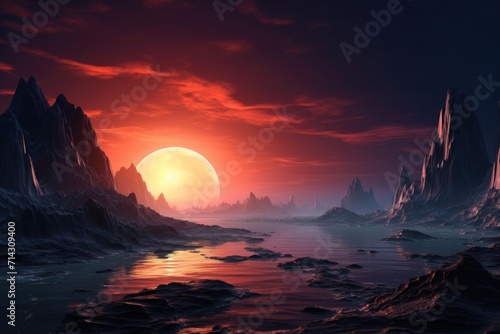 Alien world sunset with ocean  space background  fantasy rendering.