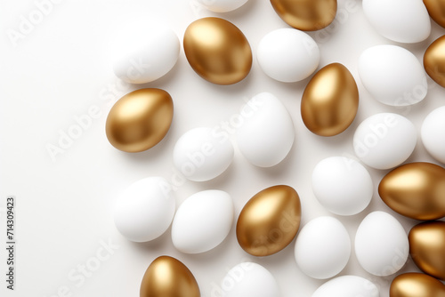 Illustration of white and golden eggs scattered on a white background. White and gold eggs. Easter illustration for you design