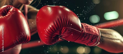 Red boxing gloves being used in a kickboxing match with a woman competitor. © 2rogan