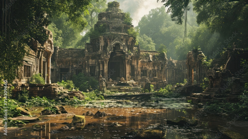 Realm with ancient temple ruins nestled in the heart of a jungle.  - obrazy, fototapety, plakaty 