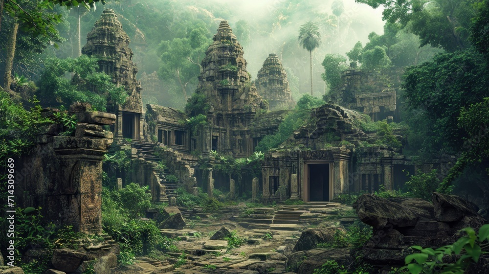 Realm with ancient temple ruins nestled in the heart of a jungle.  - obrazy, fototapety, plakaty 