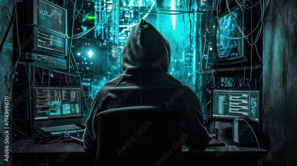 Computer Hacker in Hooded Jacket Sitting at Computer Desk Generative AI