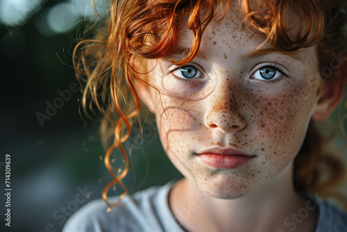 Girl with freckles on face, portrait, close up. Close up face of young red ginger freckled girl with ginger hair and perfect healthy freckled skin, looking at camera with pretty cute smile