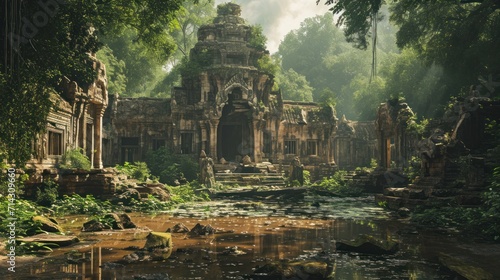 Realm with ancient temple ruins nestled in the heart of a jungle.  photo