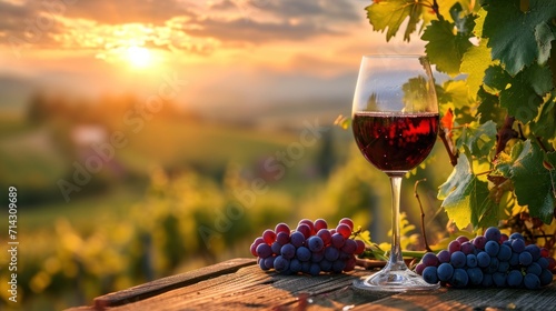 A glass of red wine sits gracefully on a table adorned with grapes in a picturesque vineyard.