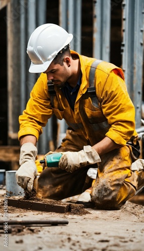 A man in construction clothes cleaning the grease 