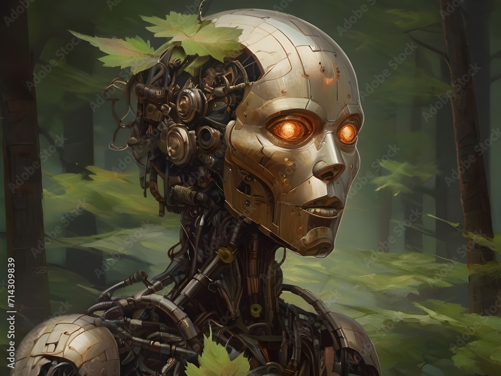 Illustration eines koboldhaften Roboterwesens in einem Zauberwald - obrazy, fototapety, plakaty 