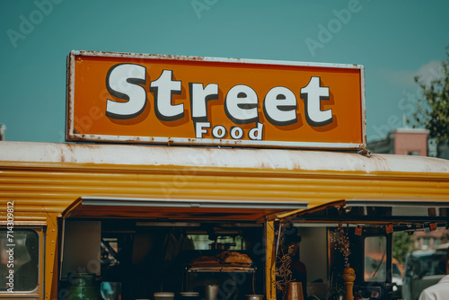 An illuminated Street food sign above a food vendor truck