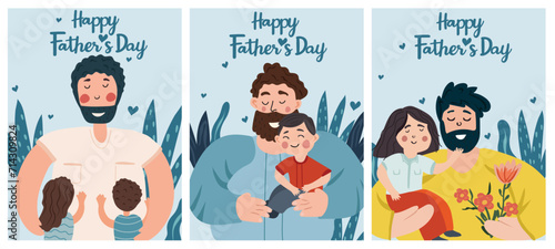 A series of Father's Day themed images showcasing fathers of bonding and adventure with their children. These illustrations capture the essence of fatherly love. Vector illustration.