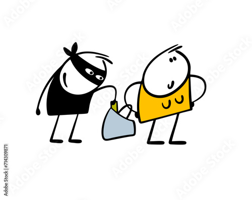 Criminal in the black mask reached into his bag and took out someone else wallet. Vector illustration of thief stealing money from careless woman in store. Isolated cartoon on white background.