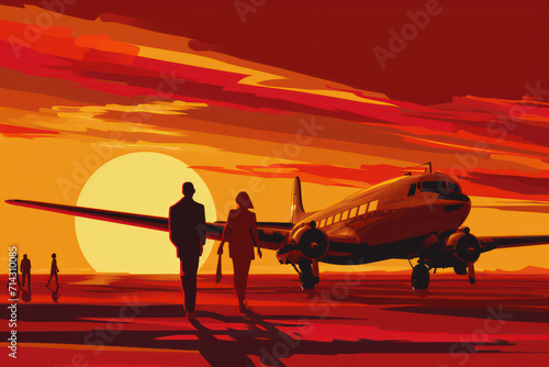 people are walking towards an airplane on a sunset background