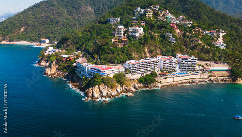 Fototapeta Naklejka Na Ścianę i Meble -  Aerial of Mismaloya beach resort waterfront town in Nayarit coastline riviera close to Puerto Vallarta surf spot holiday destination