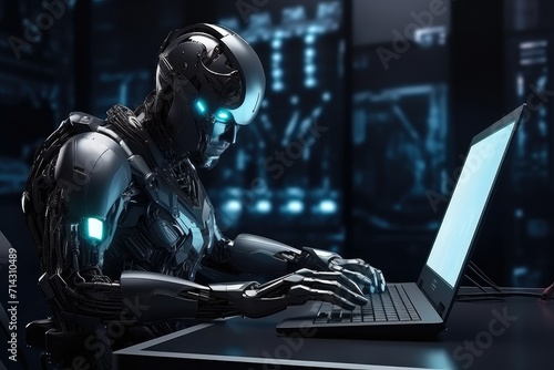 Cyborg working with laptop on dark background, 3D rendering, a hi tech futuristic robot working on laptop at office, futuristic technology concept.