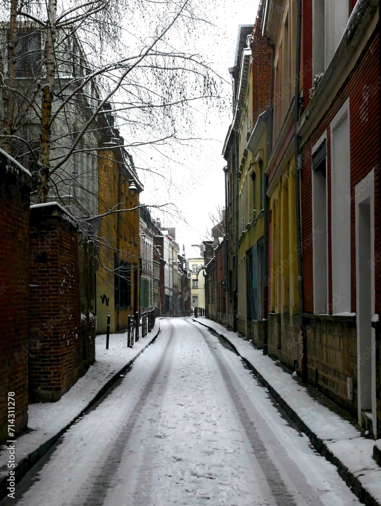 Lille, January 2024: Discover Lille, the capital of Flanders, under the snow. Old building in Flanders under the snow