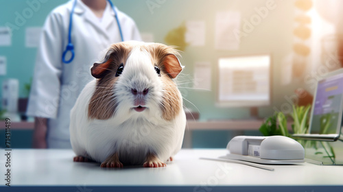 Cute curious guinea pig in a veterinary clinic sitting on a table with a doctor standing in background. Scientific laboratory interior. Testing on animals concept
