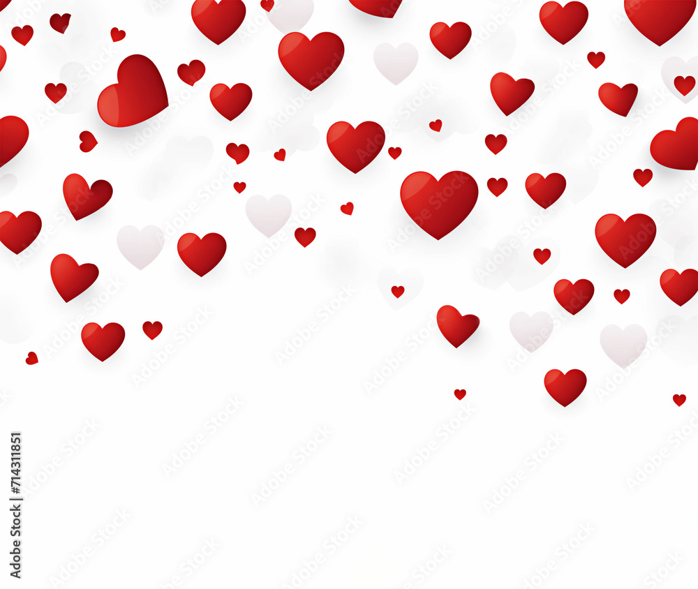 a scattering of red hearts on a white background with empty space, greeting card with Valentine's Day, Mother's Day, Women's Day or wedding congratulations