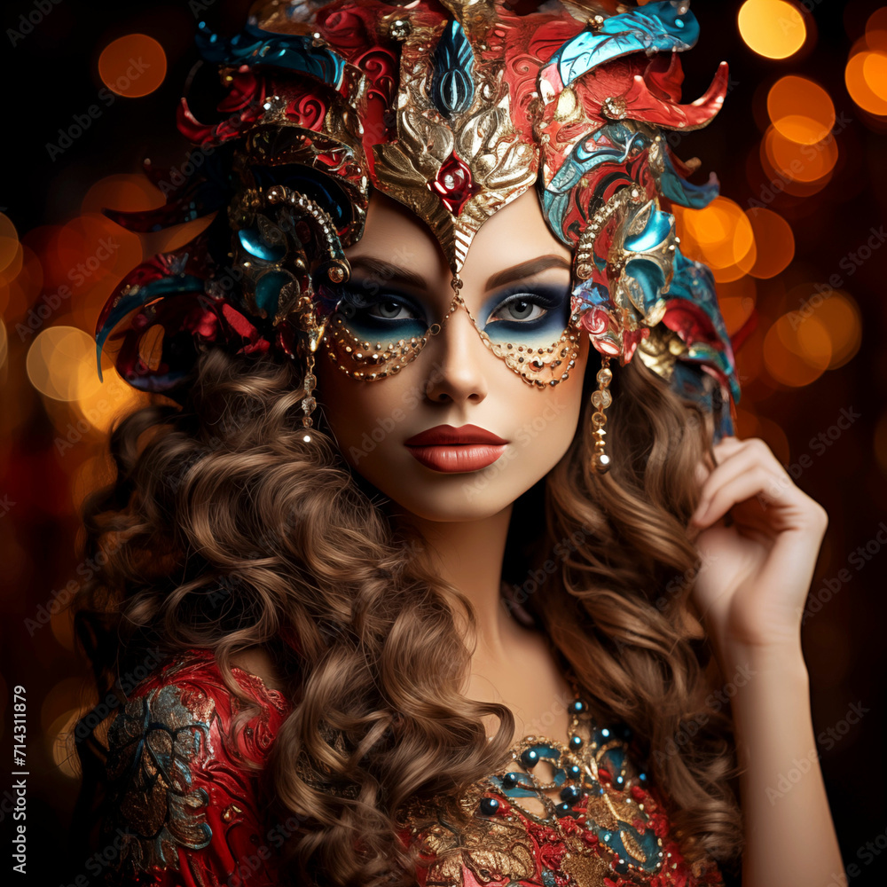 Obraz premium a pretty woman with the carnival mask dressed up, celebrating carnival parties