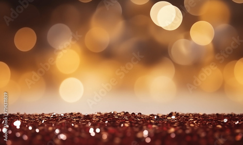 gold and red glitter background with bokeh lights and with focus zone