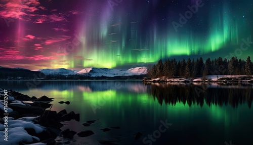 View of night sky with multicolored aurora borealis and mountain peak background. Night glows in vibrant aurora reflection on the lake with forest. 