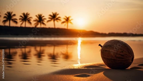 Paradise beach at sunset. Sandy beach and sea at golden hour. Vacation background. AI generated loop photo