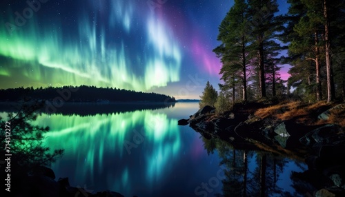View of night sky with multicolored aurora borealis and mountain peak background. Night glows in vibrant aurora reflection on the lake with forest.  © Virgo Studio Maple
