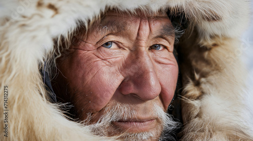 Close-up of man's face, his wise gaze set against warmth of fur hood, frost subtly dusting his eyebrows. photo