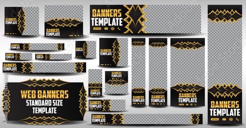 Golden black ads banner design for website Business banner design web template set Horizontal header web banner black and Gold cover header background for website design Social Media Cover ads banners