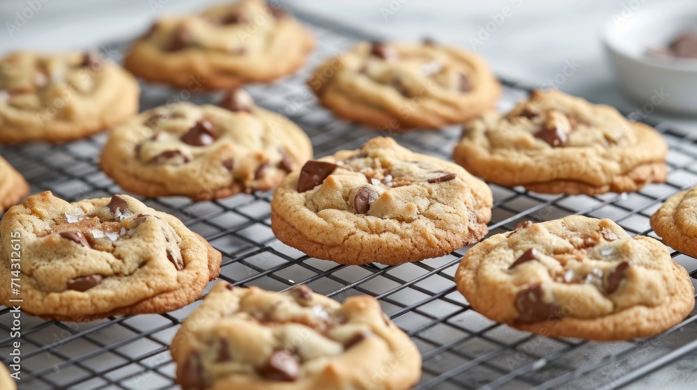 chocolate chip cookies cooling on a cooling rack with a bowl of chocolate chips on the side of the rack and a bowl of chocolate chips on the side of cookies on a cooling rack. chocolate chip cookies cooling on a cooling rack with a bowl of chocolate chips on the side of the rack and a bowl of chocolate chips on the side of cookies on a cooling rack.