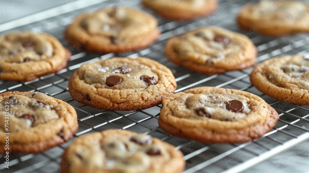 a bunch of chocolate chip cookies cooling on a wire rack on a counter top in a bakery or baking area with a cooling rack full of cookies in the foreground. a bunch of chocolate chip cookies cooling on a wire rack on a counter top in a bakery or baking area with a cooling rack full of cookies in the foreground.