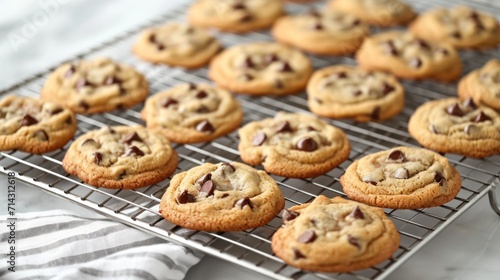  a rack full of chocolate chip cookies on top of a white and gray tablecloth with a striped napkin on the side of the rack and a white and gray and black and white striped towel.
