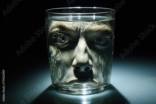 Screaming woman's face in a glass. Social problems concept. Generated by artificial intelligence photo