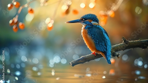  a blue and orange bird sitting on a tree branch next to a body of water with drops of water on the ground and a tree branch in the foreground. © Anna