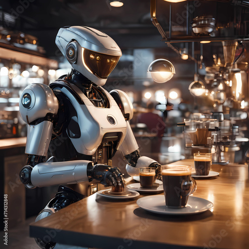 Robot Sitting At Table In Restaurant. Generative AI