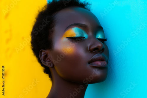 Fashion model woman face with art make-up. Bold makeup  glance Fashion art portrait  incorporating colors. Advertising design for cosmetics  beauty salon. content.
