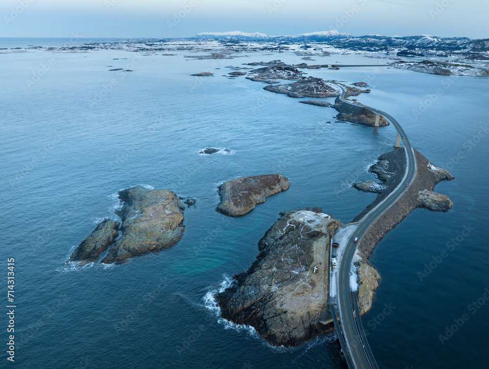 The Atlantic Ocean Road with Storseisundet Bridge iin winter (Nordmore, Norway).